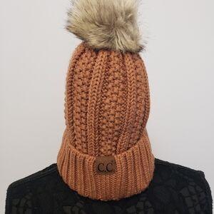 C.C Women Thick Cable Knit Faux Fuzzy Fur Pom Fleece Lined Skull Cap Cuff Beanie